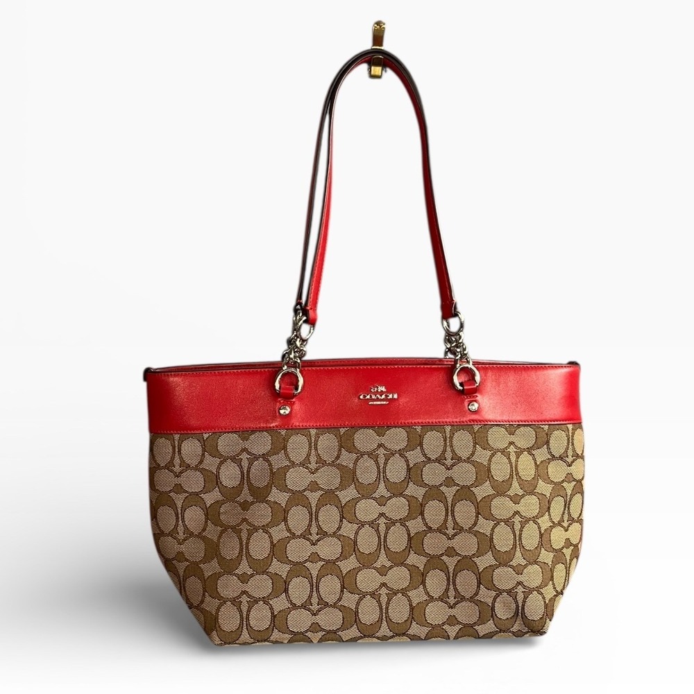 Coach Sophia Chain Tote‎ Bag RED Khaki Signature C Shoulder Laptop Carrier 37118